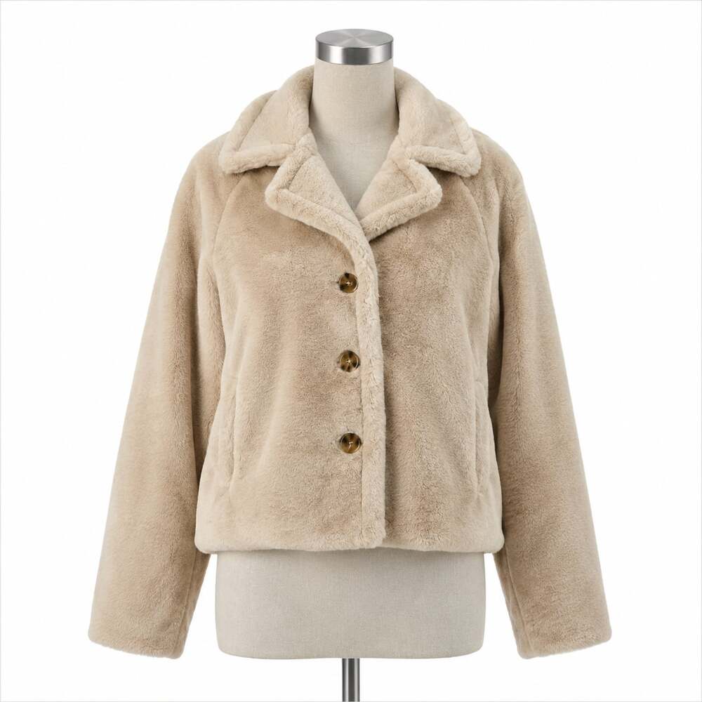 Bailey 44 Faux Fur Jacket Womens S Beige Cream Button Front Cropped Coat Teddy